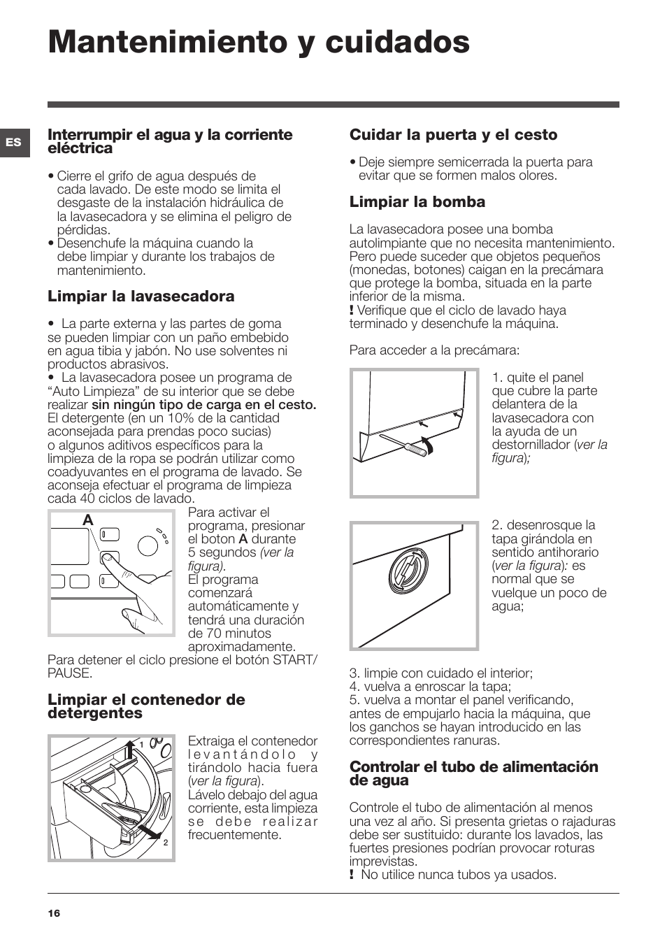 Mantenimiento y cuidados | Hotpoint Ariston WDG 8640B EU User Manual | Page 16 / 84