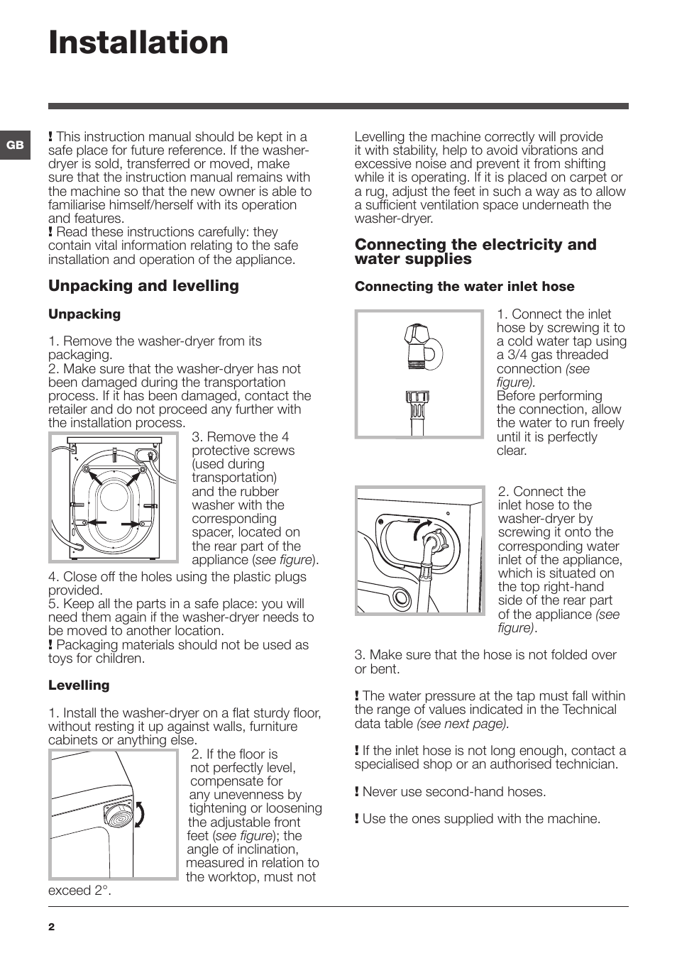 Installation | Hotpoint Ariston WDG 8640B EU User Manual | Page 2 / 84