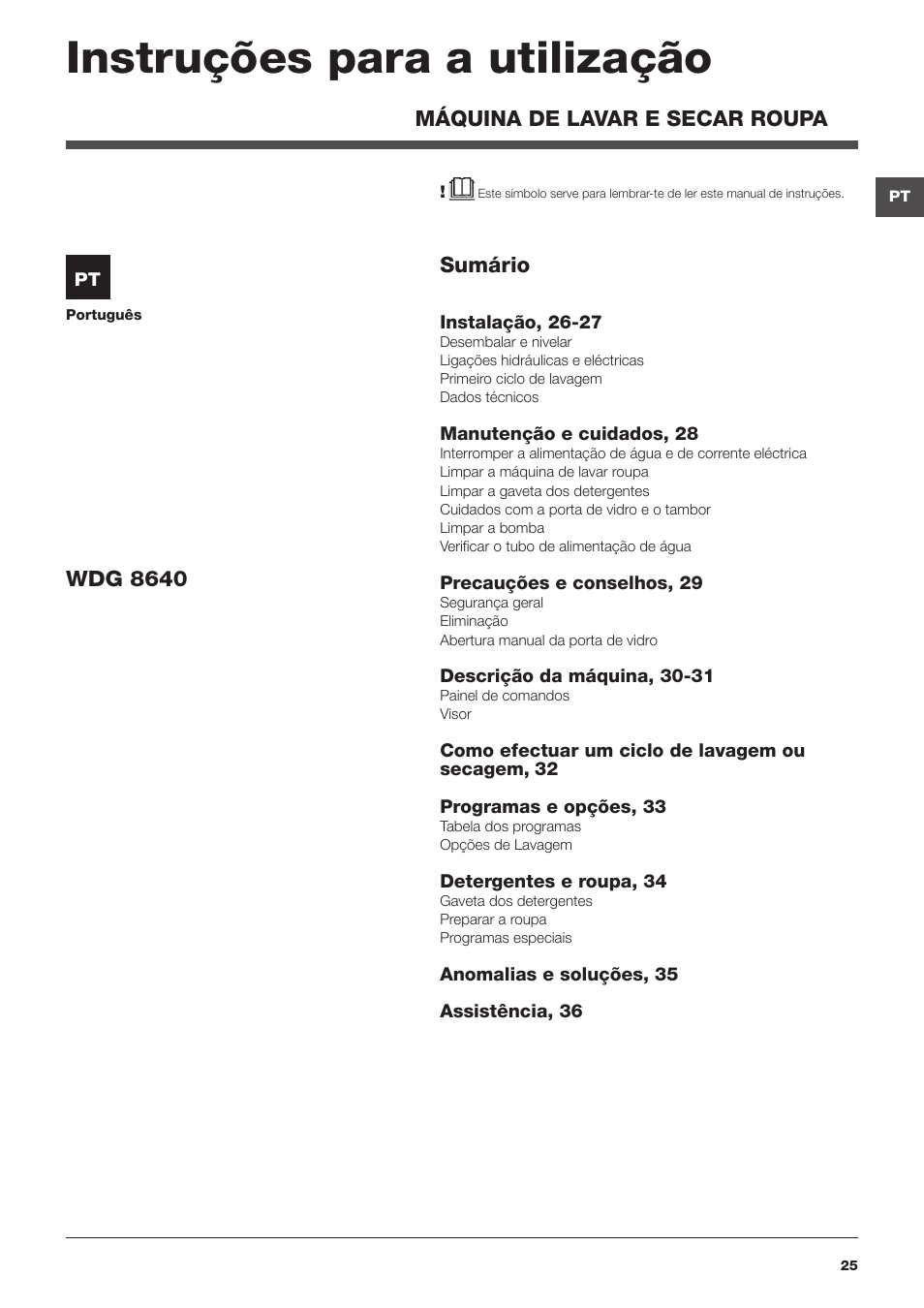 Instruções para a utilização, Máquina de lavar e secar roupa, Sumário | Wdg 8640 | Hotpoint Ariston WDG 8640B EU User Manual | Page 25 / 84