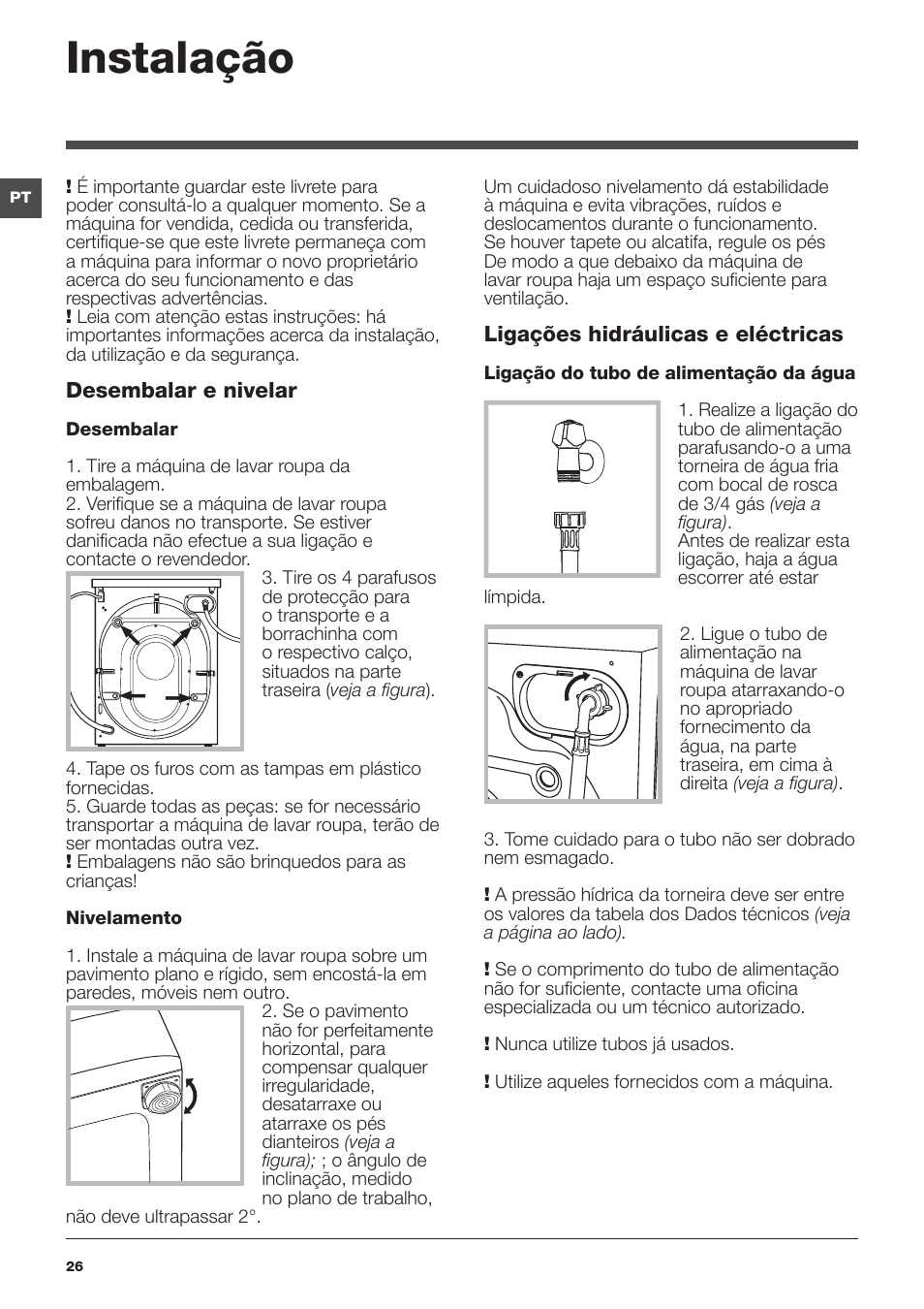 Instalação | Hotpoint Ariston WDG 8640B EU User Manual | Page 26 / 84