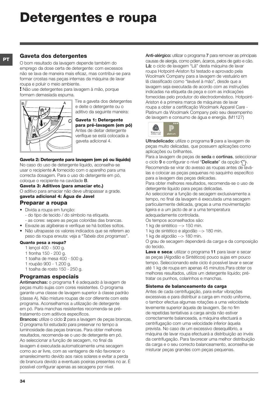 Detergentes e roupa, Gaveta dos detergentes, Preparar a roupa | Programas especiais | Hotpoint Ariston WDG 8640B EU User Manual | Page 34 / 84