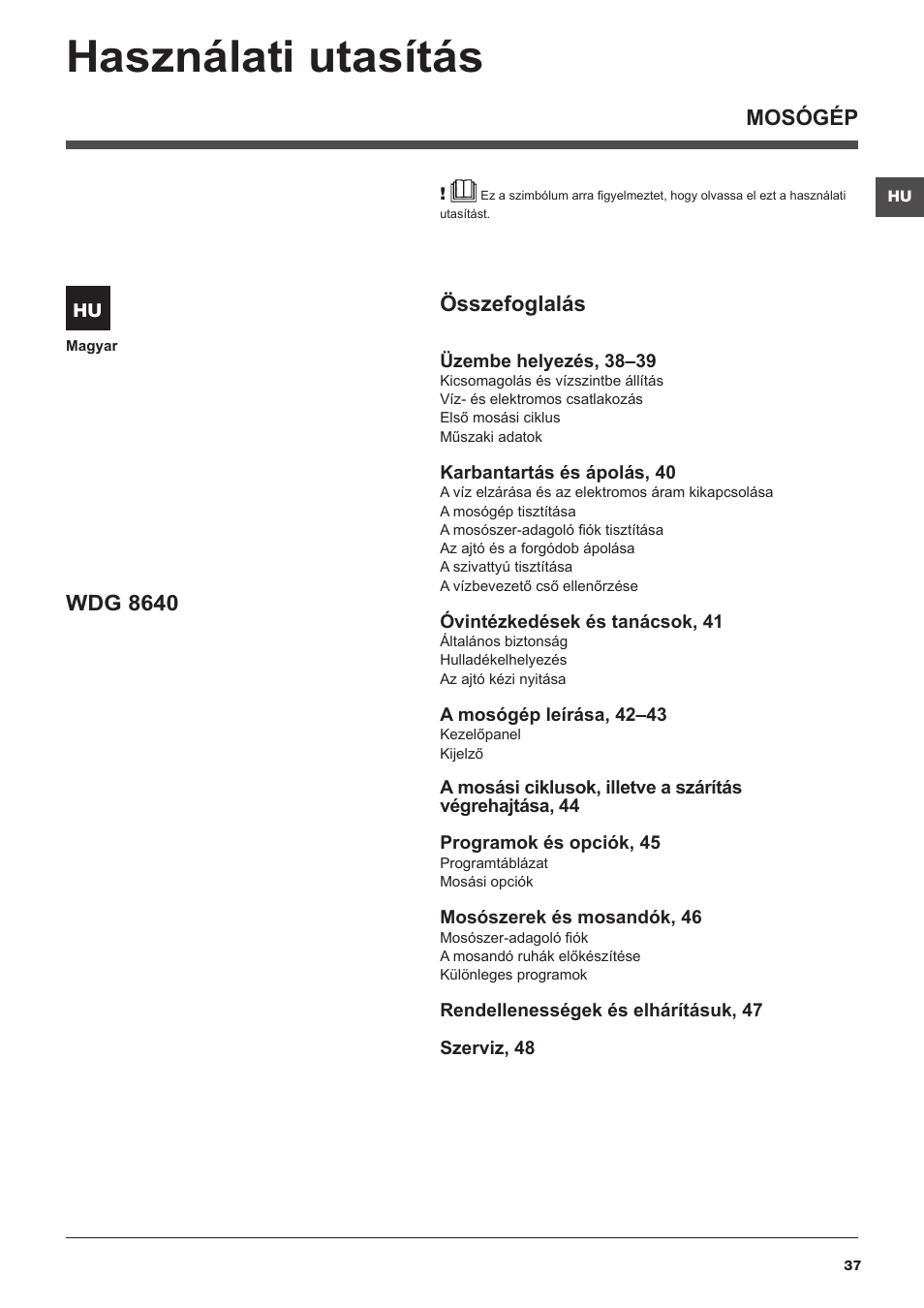 Használati utasítás, Mosógép, Összefoglalás | Wdg 8640 | Hotpoint Ariston WDG 8640B EU User Manual | Page 37 / 84
