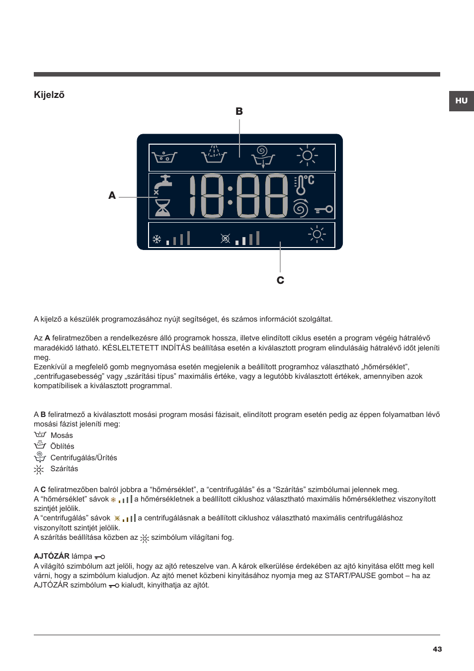 Bc a, Kijelző | Hotpoint Ariston WDG 8640B EU User Manual | Page 43 / 84