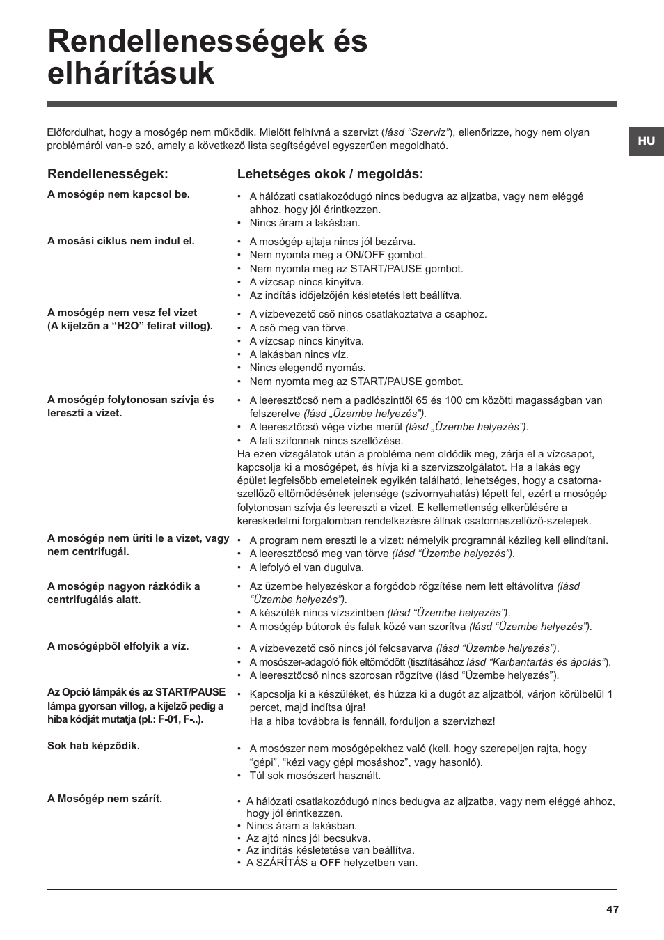 Rendellenességek és elhárításuk | Hotpoint Ariston WDG 8640B EU User Manual | Page 47 / 84