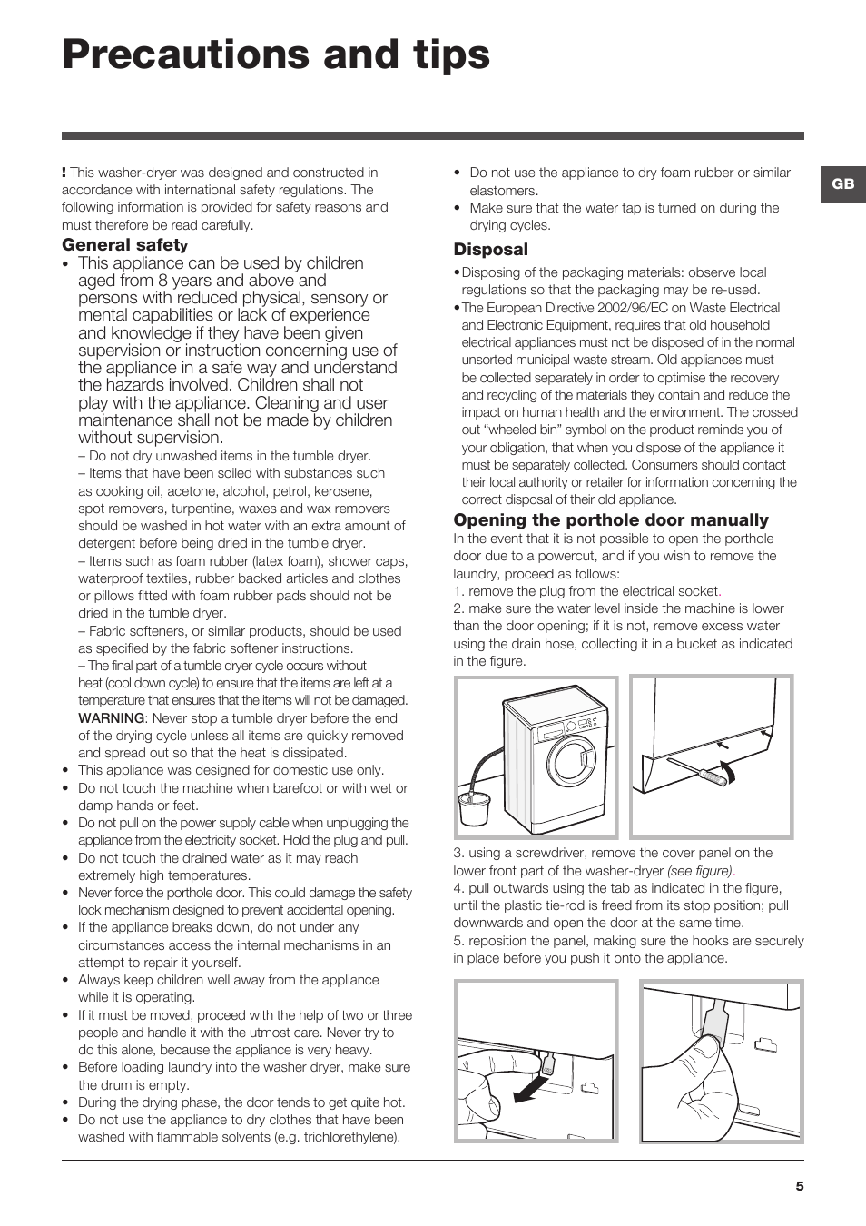 Precautions and tips | Hotpoint Ariston WDG 8640B EU User Manual | Page 5 / 84
