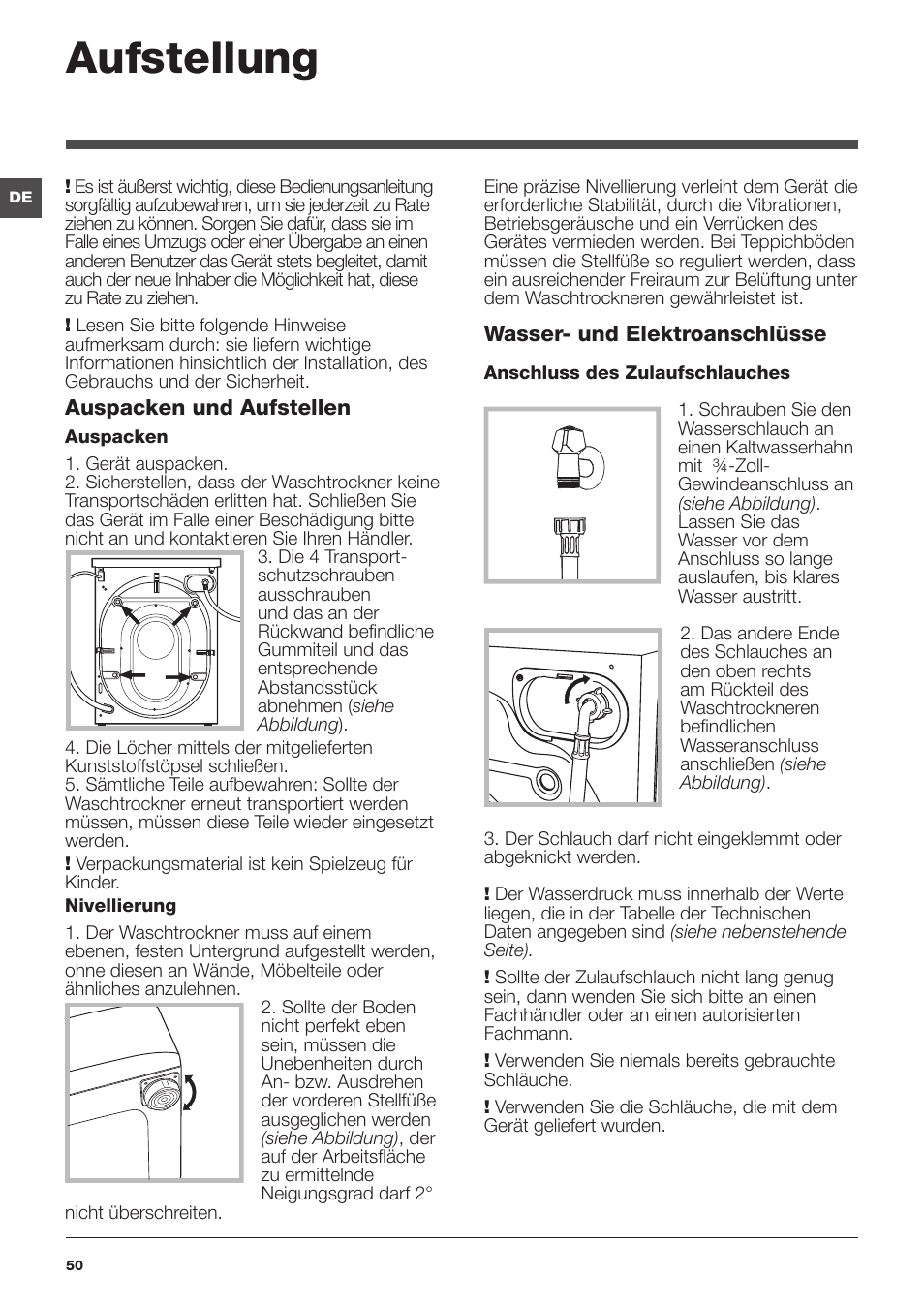 Aufstellung | Hotpoint Ariston WDG 8640B EU User Manual | Page 50 / 84