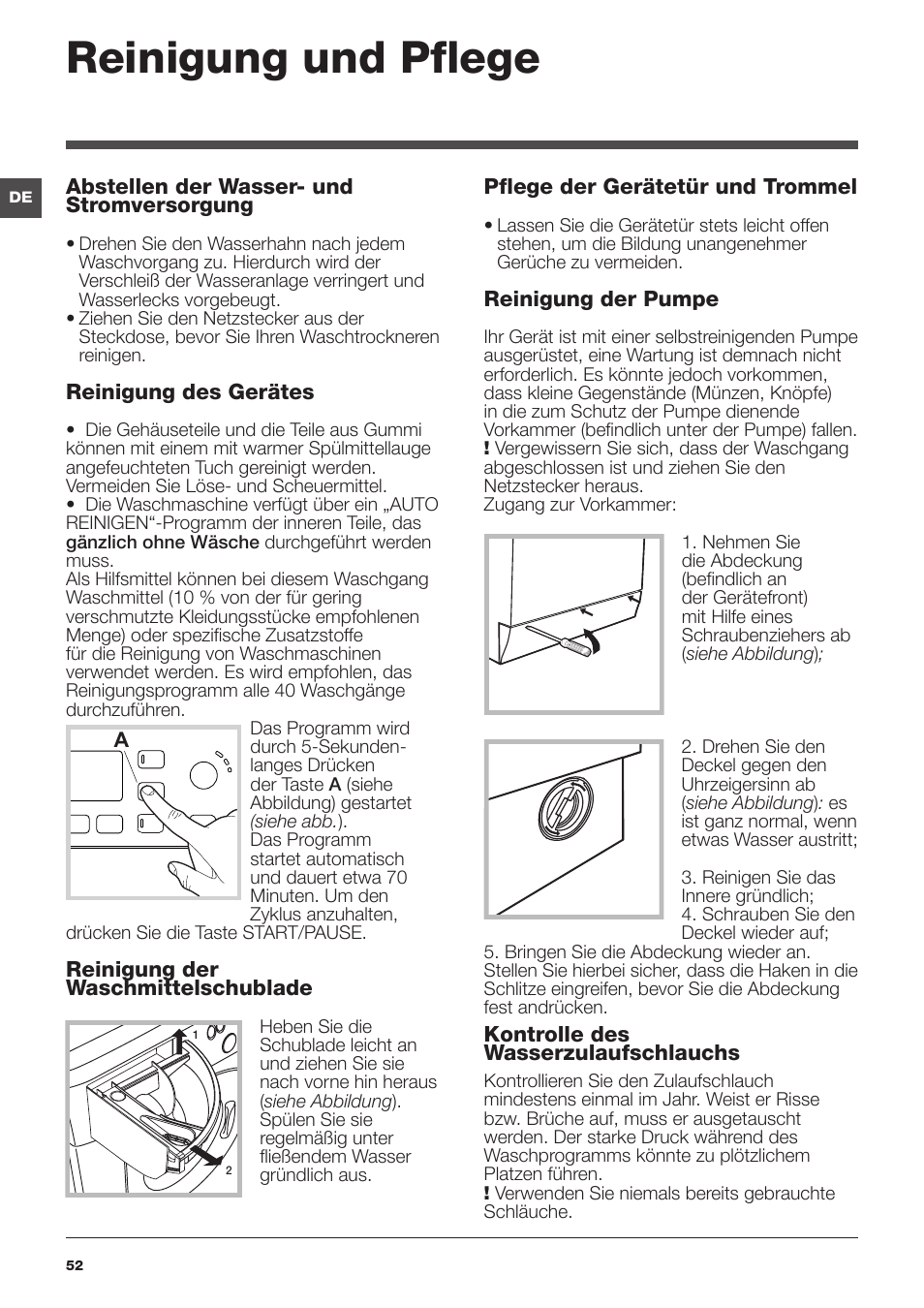 Reinigung und pflege | Hotpoint Ariston WDG 8640B EU User Manual | Page 52 / 84