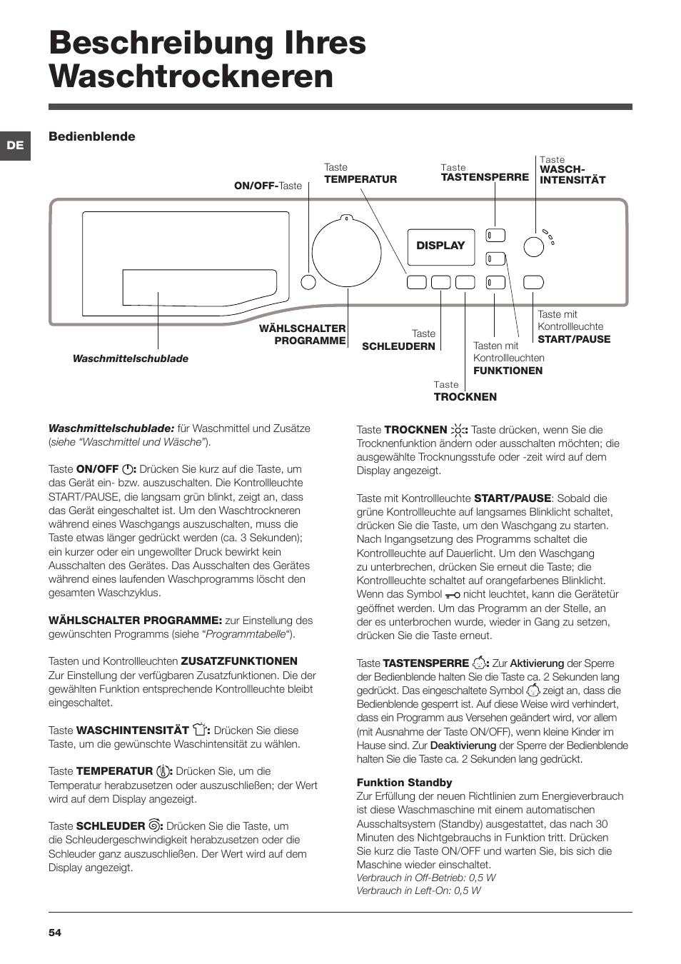 Beschreibung ihres waschtrockneren | Hotpoint Ariston WDG 8640B EU User Manual | Page 54 / 84