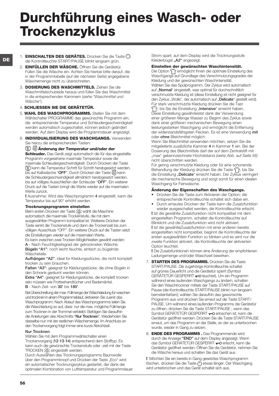 Durchführung eines wasch- oder trockenzyklus | Hotpoint Ariston WDG 8640B EU User Manual | Page 56 / 84