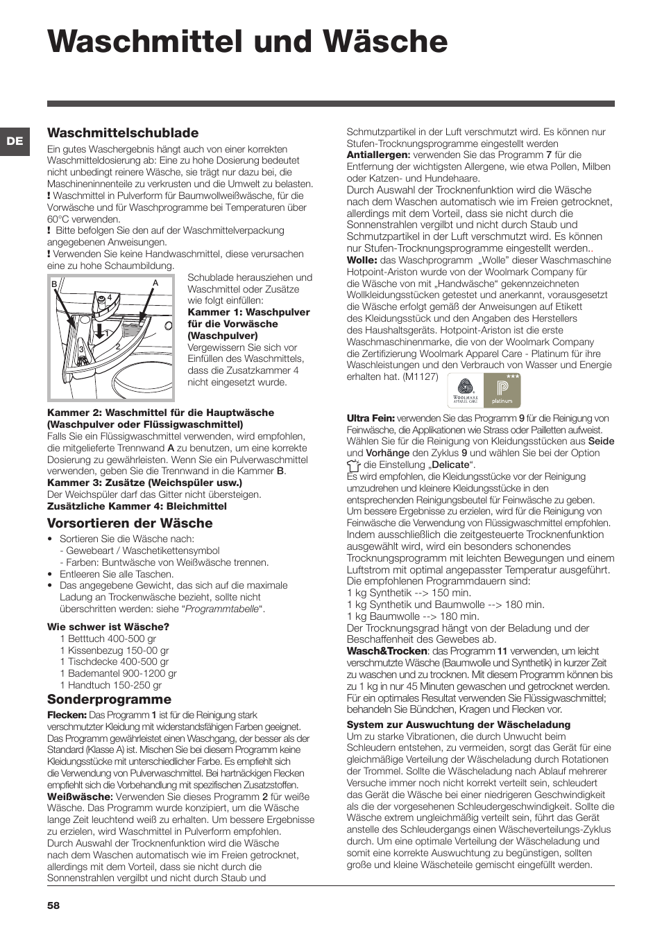 Waschmittel und wäsche, Waschmittelschublade, Vorsortieren der wäsche | Sonderprogramme | Hotpoint Ariston WDG 8640B EU User Manual | Page 58 / 84