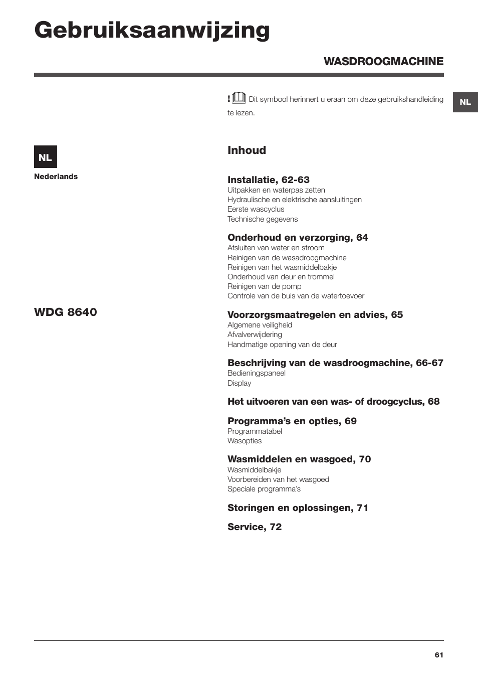 Gebruiksaanwijzing, Wasdroogmachine, Inhoud | Wdg 8640 | Hotpoint Ariston WDG 8640B EU User Manual | Page 61 / 84