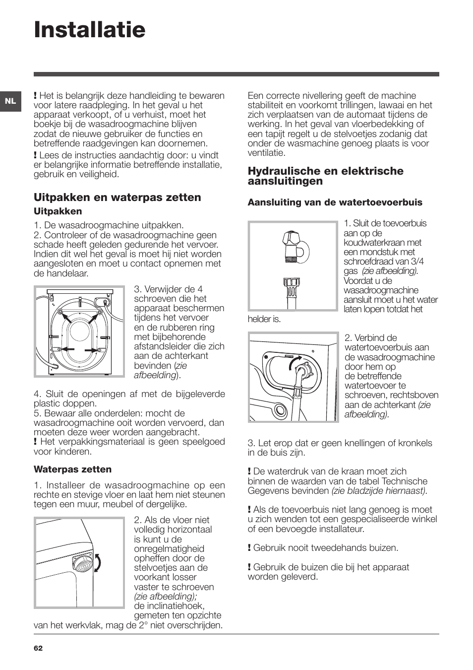 Installatie | Hotpoint Ariston WDG 8640B EU User Manual | Page 62 / 84