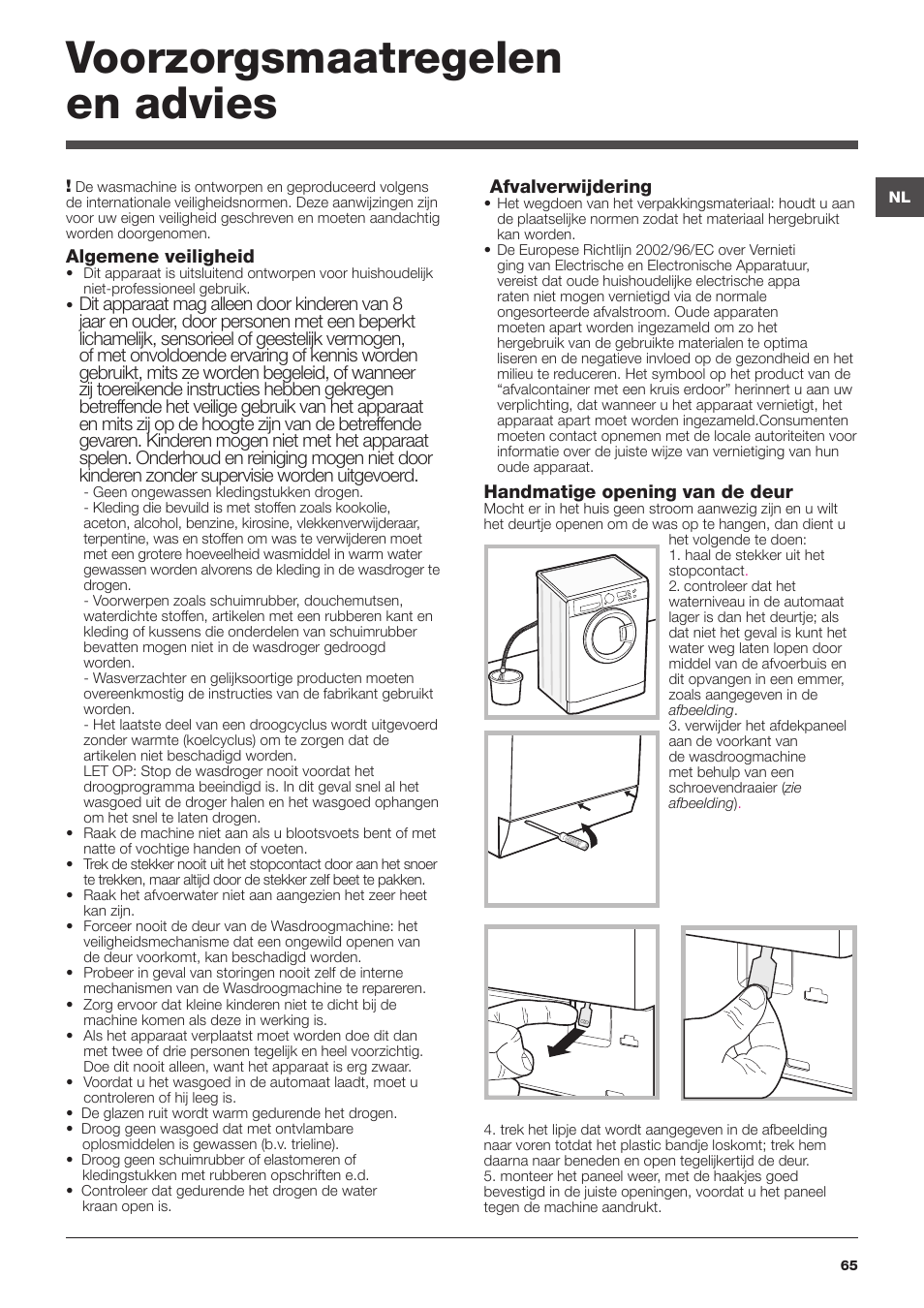 Voorzorgsmaatregelen en advies | Hotpoint Ariston WDG 8640B EU User Manual | Page 65 / 84