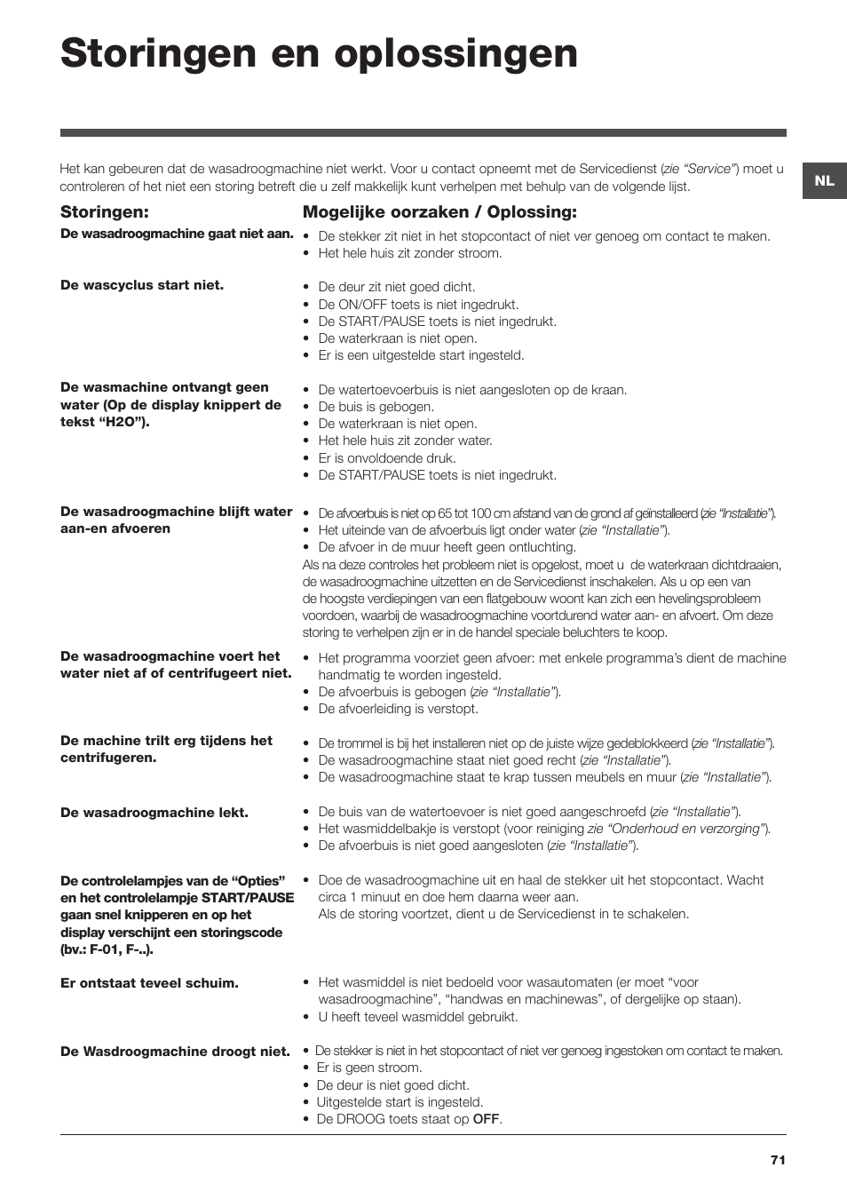 Storingen en oplossingen | Hotpoint Ariston WDG 8640B EU User Manual | Page 71 / 84