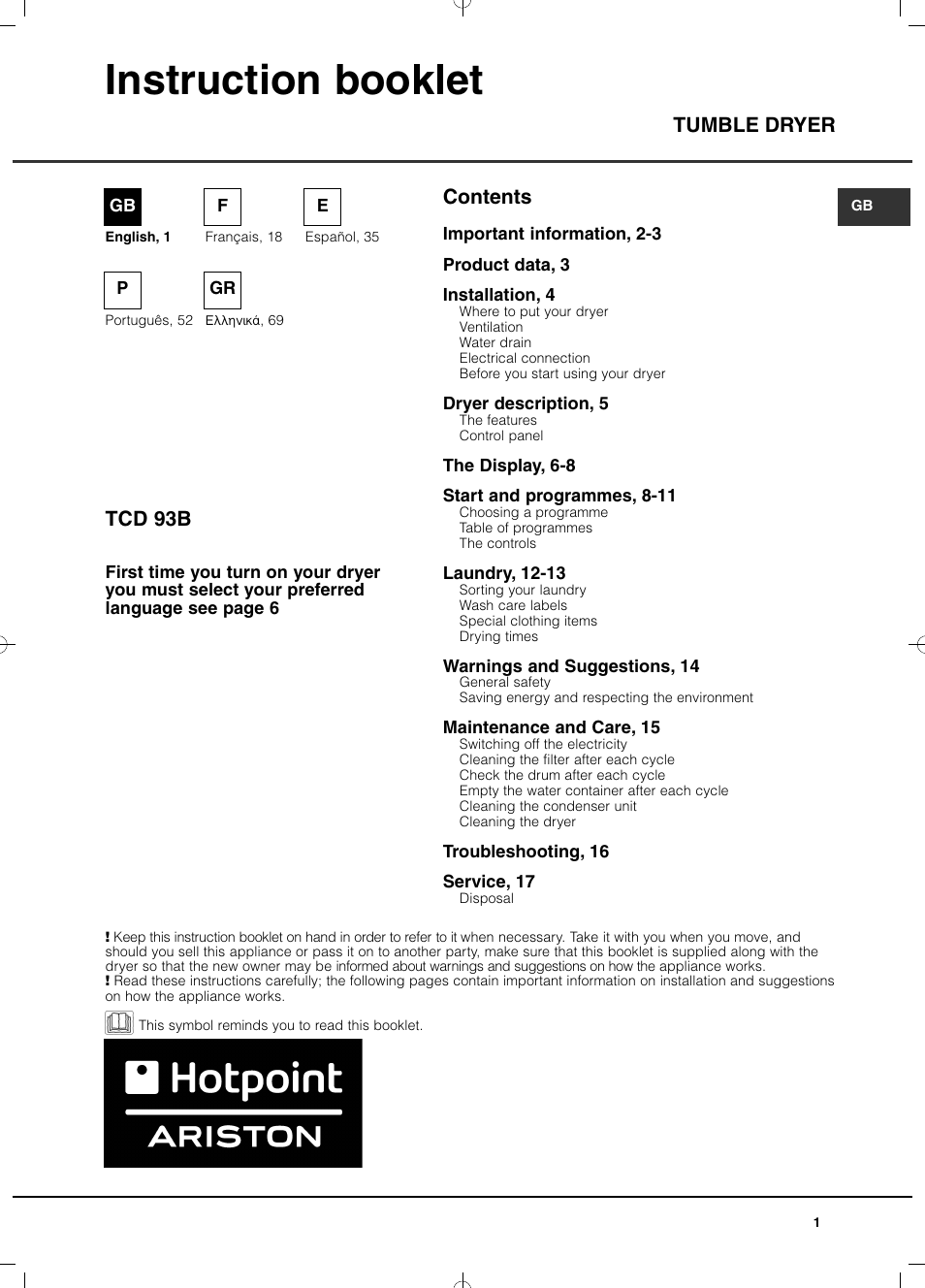 Hotpoint Ariston TCD 93B 6H-Z1 (EU) User Manual | 88 pages