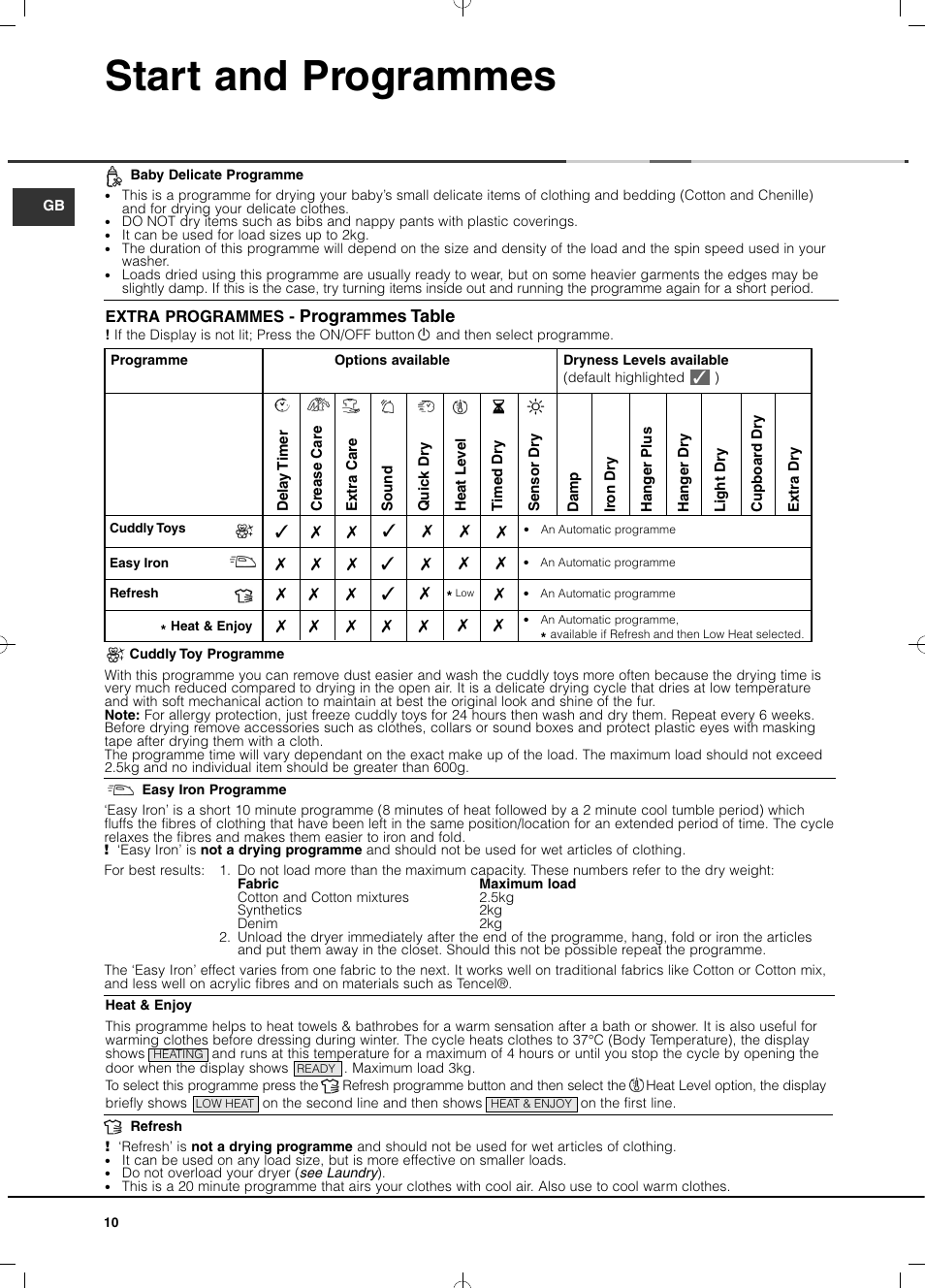 Start and programmes, Programmes table | Hotpoint Ariston TCD 93B 6H-Z1 (EU) User Manual | Page 10 / 88