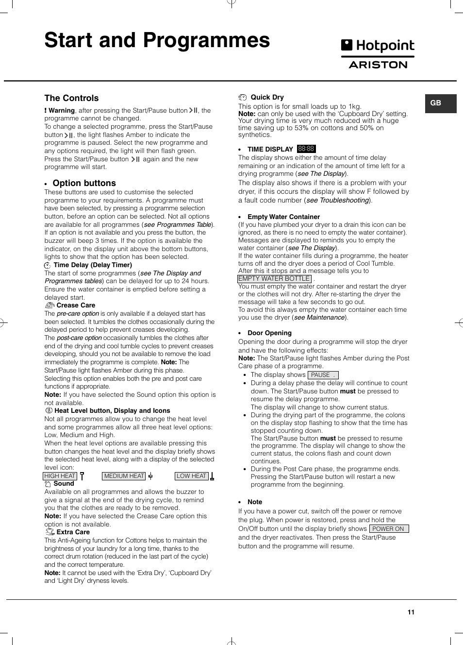 Start and programmes, Option buttons, The controls | Hotpoint Ariston TCD 93B 6H-Z1 (EU) User Manual | Page 11 / 88