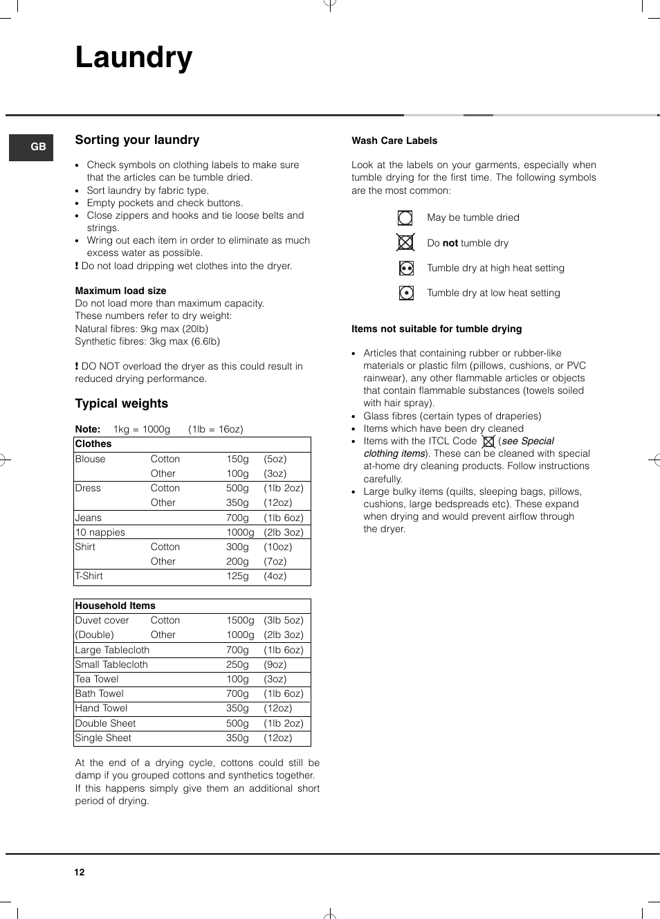 Laundry, Sorting your laundry, Typical weights | Hotpoint Ariston TCD 93B 6H-Z1 (EU) User Manual | Page 12 / 88