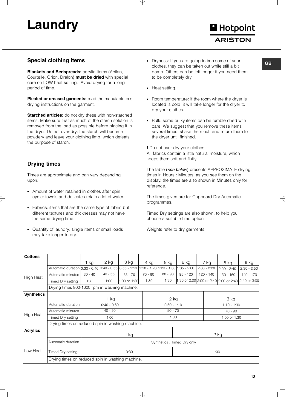 Laundry, Special clothing items, Drying times | Hotpoint Ariston TCD 93B 6H-Z1 (EU) User Manual | Page 13 / 88