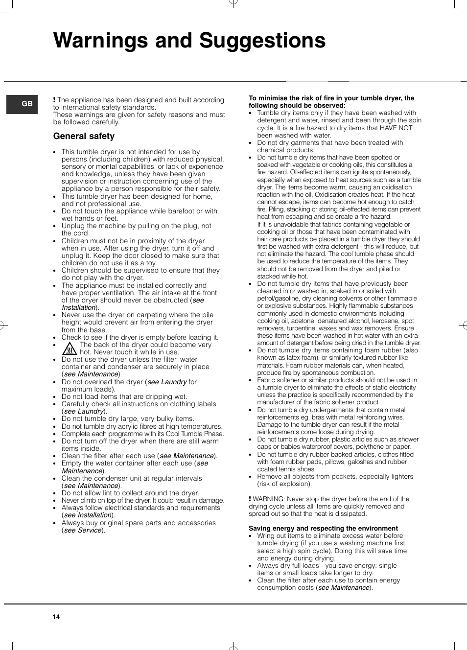 Warnings and suggestions, General safety | Hotpoint Ariston TCD 93B 6H-Z1 (EU) User Manual | Page 14 / 88