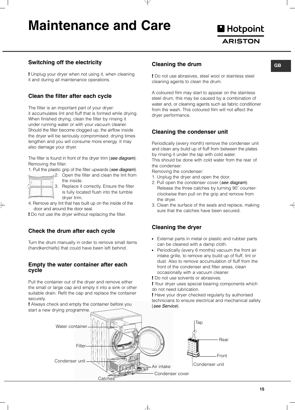 Maintenance and care | Hotpoint Ariston TCD 93B 6H-Z1 (EU) User Manual | Page 15 / 88