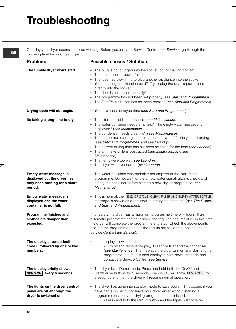 Troubleshooting, Possible causes / solution, Problem | Hotpoint Ariston TCD 93B 6H-Z1 (EU) User Manual | Page 16 / 88