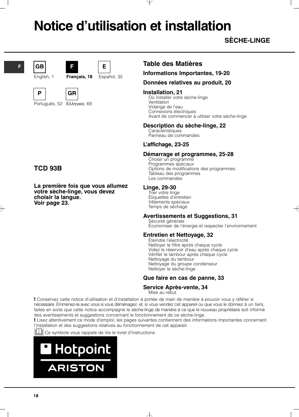 Hotpoint Ariston TCD 93B 6H-Z1 (EU) User Manual | Page 18 / 88