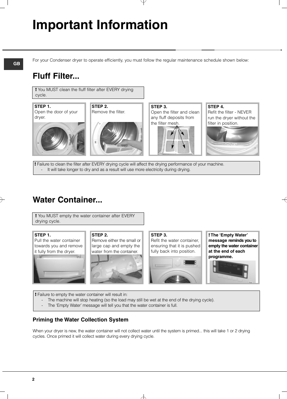 Important information, Fluff filter, Water container | Hotpoint Ariston TCD 93B 6H-Z1 (EU) User Manual | Page 2 / 88