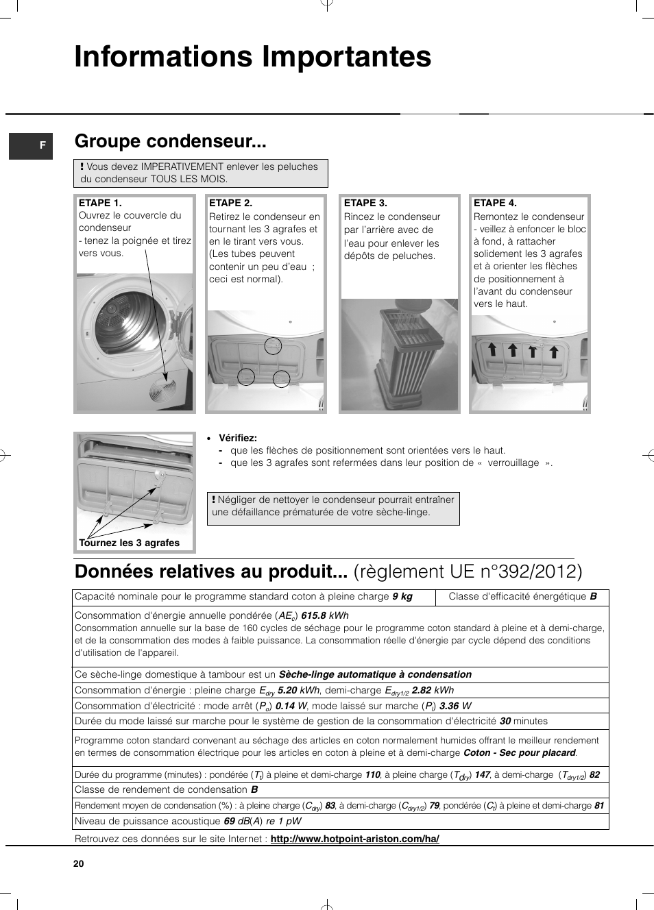 Informations importantes, Groupe condenseur | Hotpoint Ariston TCD 93B 6H-Z1 (EU) User Manual | Page 20 / 88