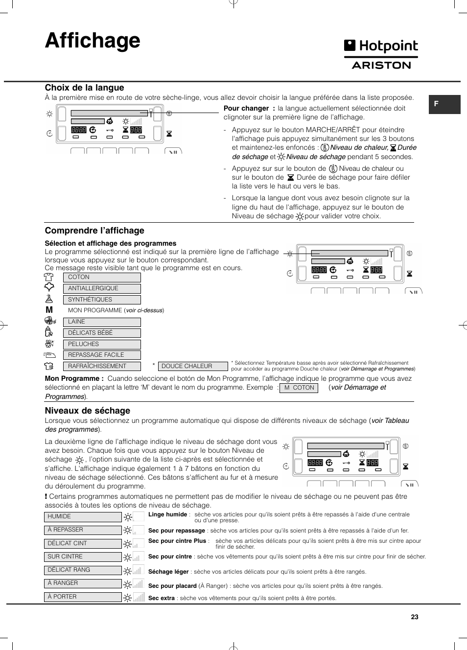 Affichage, Choix de la langue, Comprendre l’affichage | Niveaux de séchage | Hotpoint Ariston TCD 93B 6H-Z1 (EU) User Manual | Page 23 / 88