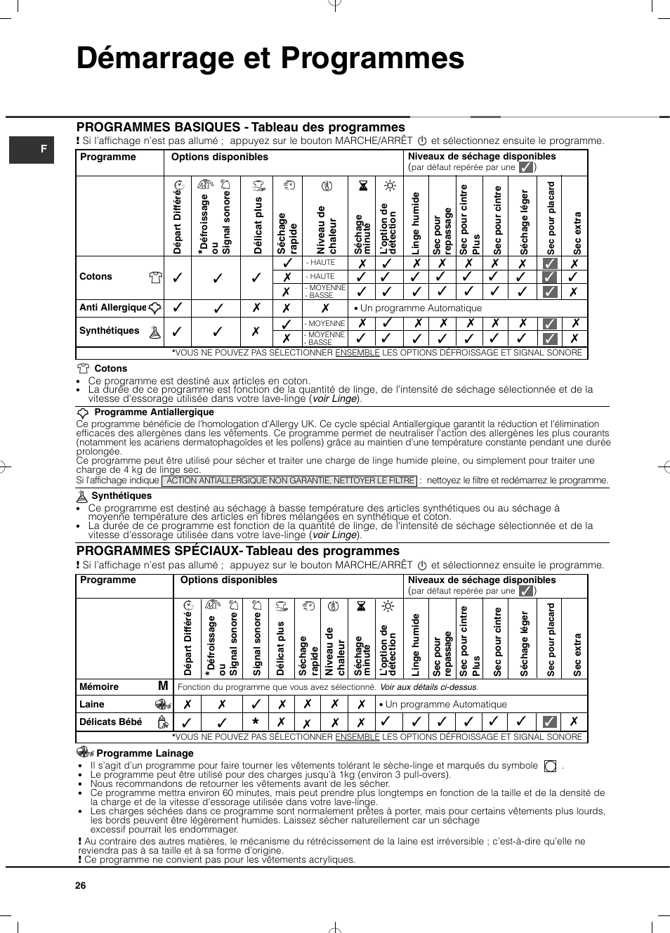 Démarrage et programmes | Hotpoint Ariston TCD 93B 6H-Z1 (EU) User Manual | Page 26 / 88