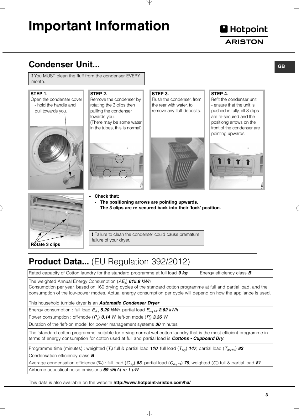 Important information, Condenser unit | Hotpoint Ariston TCD 93B 6H-Z1 (EU) User Manual | Page 3 / 88