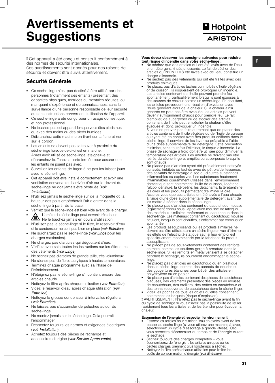 Avertissements et suggestions, Sécurité générale | Hotpoint Ariston TCD 93B 6H-Z1 (EU) User Manual | Page 31 / 88