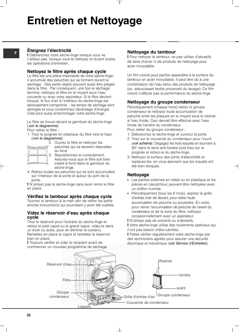 Entretien et nettoyage | Hotpoint Ariston TCD 93B 6H-Z1 (EU) User Manual | Page 32 / 88