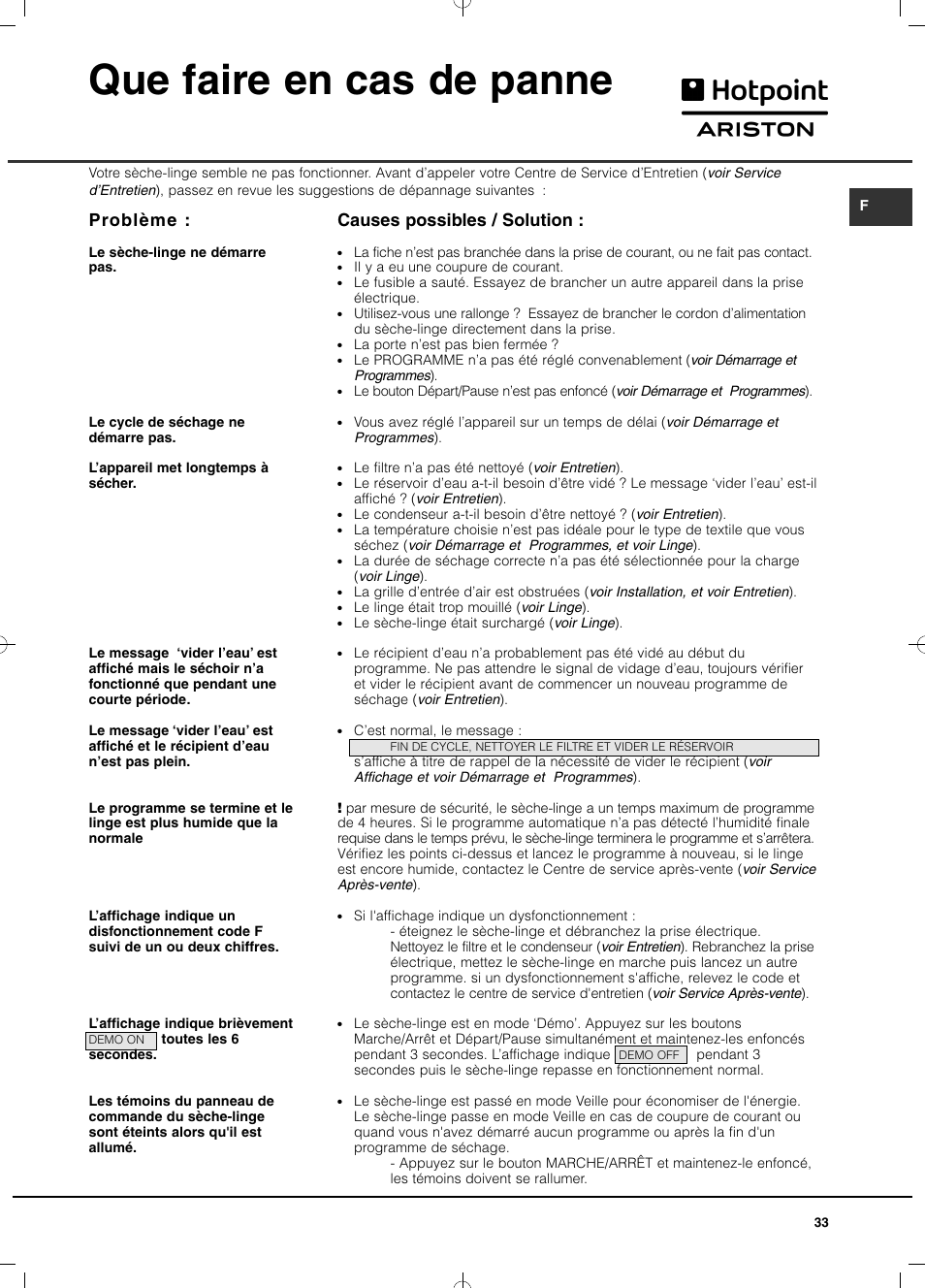 Que faire en cas de panne, Causes possibles / solution, Problème | Hotpoint Ariston TCD 93B 6H-Z1 (EU) User Manual | Page 33 / 88