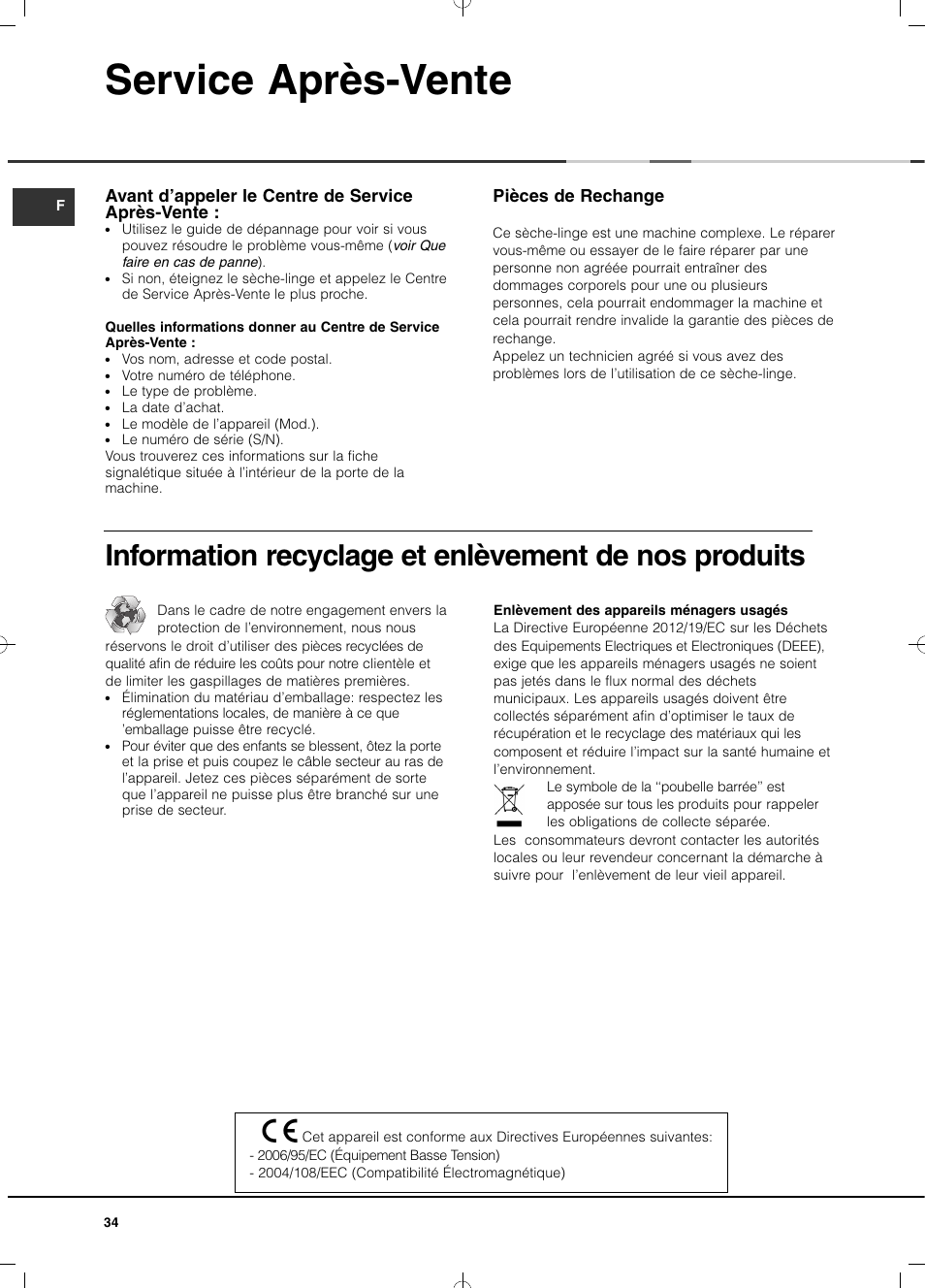 Service après-vente, Pièces de rechange, Avant d’appeler le centre de service après-vente | Hotpoint Ariston TCD 93B 6H-Z1 (EU) User Manual | Page 34 / 88