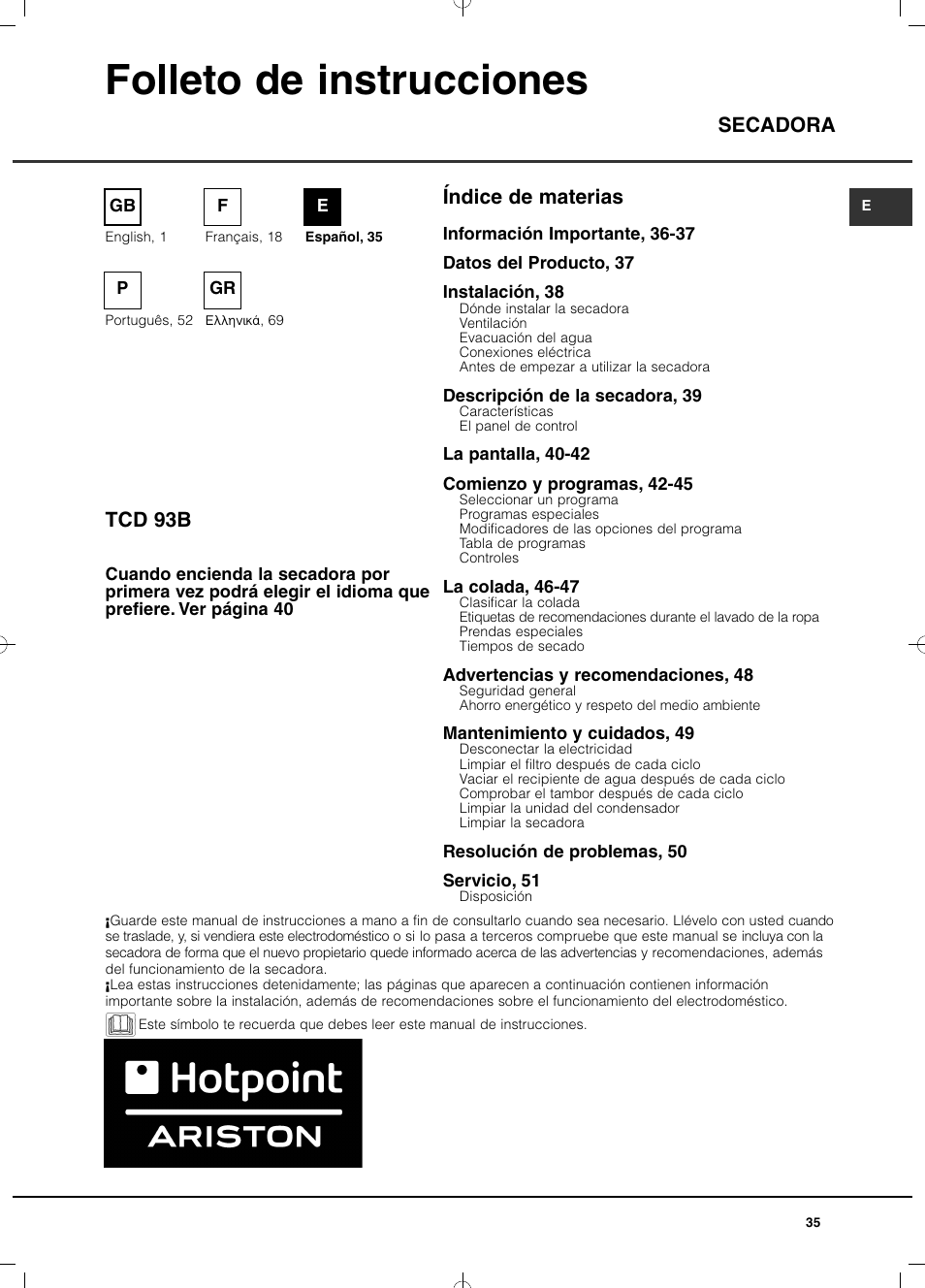 Folleto de instrucciones, Índice de materias secadora tcd 93b | Hotpoint Ariston TCD 93B 6H-Z1 (EU) User Manual | Page 35 / 88