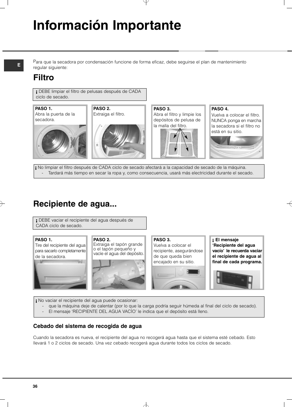 Información importante, Filtro, Recipiente de agua | Hotpoint Ariston TCD 93B 6H-Z1 (EU) User Manual | Page 36 / 88