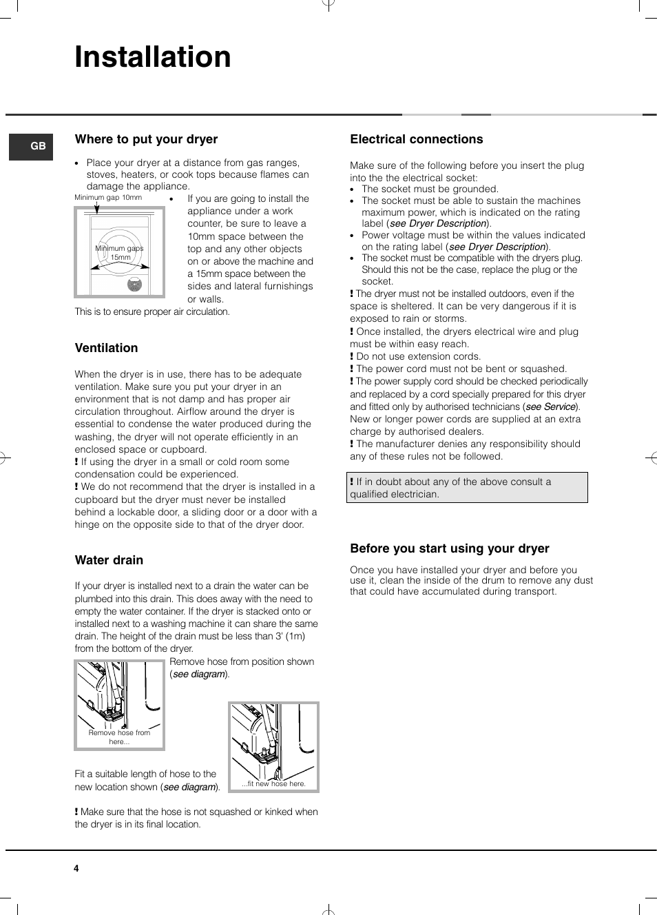 Installation, Before you start using your dryer, Where to put your dryer | Ventilation, Water drain, Electrical connections | Hotpoint Ariston TCD 93B 6H-Z1 (EU) User Manual | Page 4 / 88