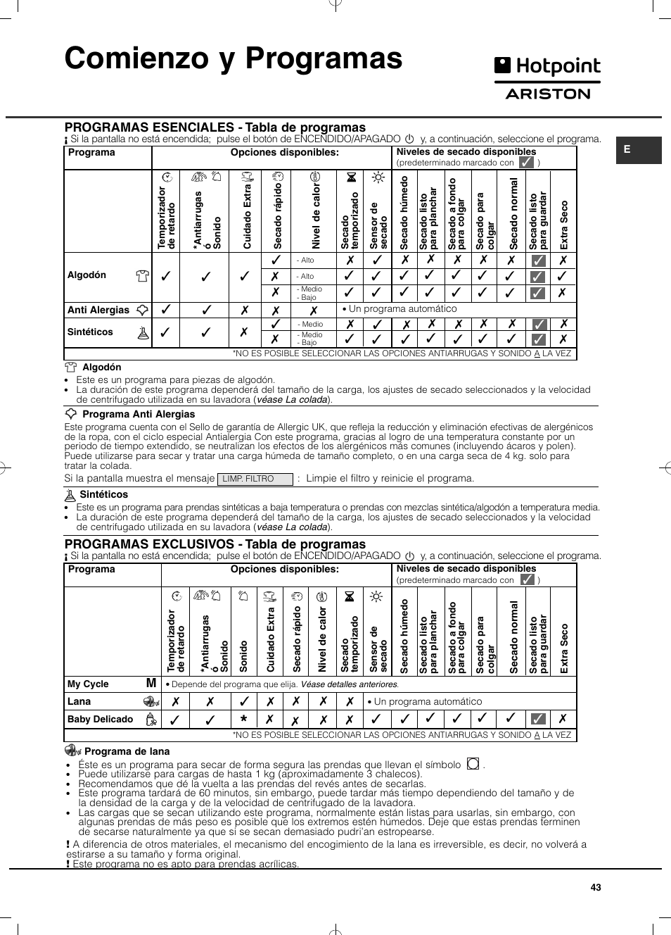 Comienzo y programas | Hotpoint Ariston TCD 93B 6H-Z1 (EU) User Manual | Page 43 / 88