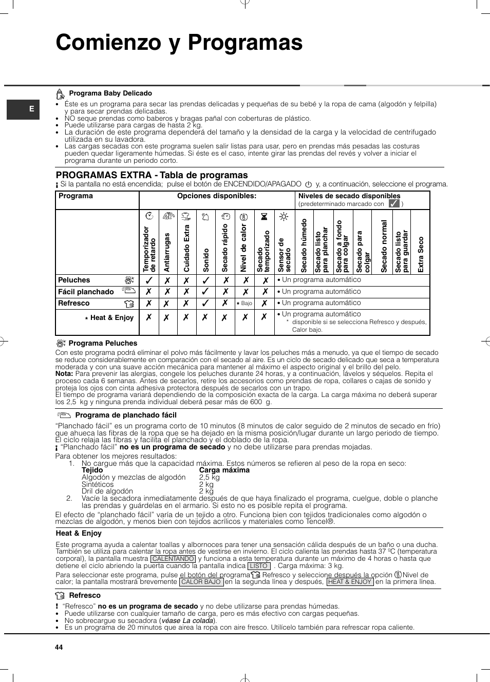 Comienzo y programas, Programas extra - tabla de programas | Hotpoint Ariston TCD 93B 6H-Z1 (EU) User Manual | Page 44 / 88