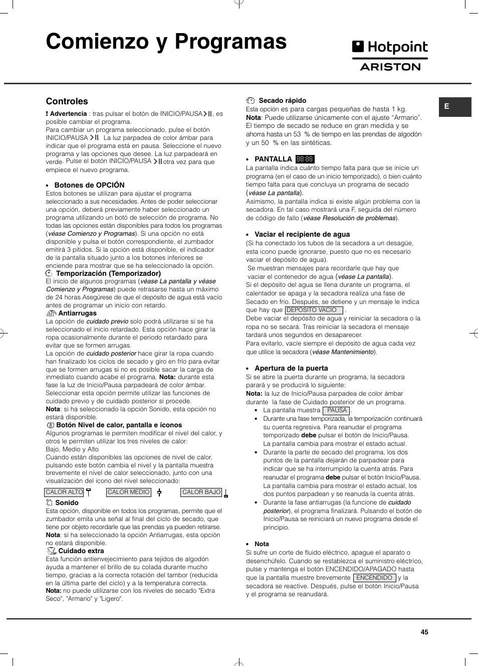 Comienzo y programas, Controles | Hotpoint Ariston TCD 93B 6H-Z1 (EU) User Manual | Page 45 / 88
