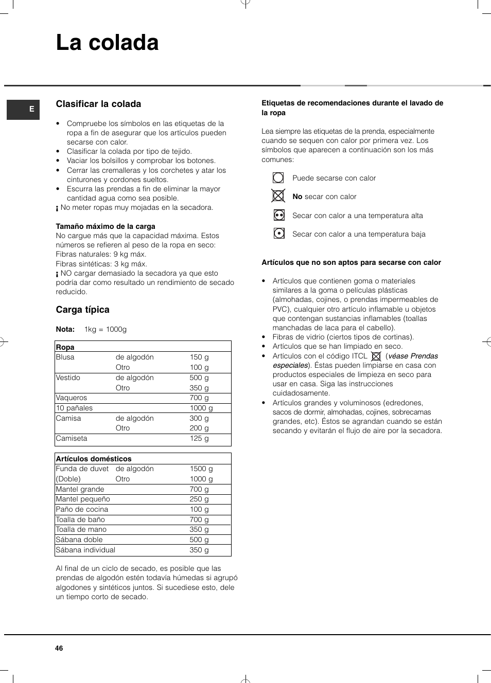 La colada, Clasificar la colada, Carga típica | Hotpoint Ariston TCD 93B 6H-Z1 (EU) User Manual | Page 46 / 88