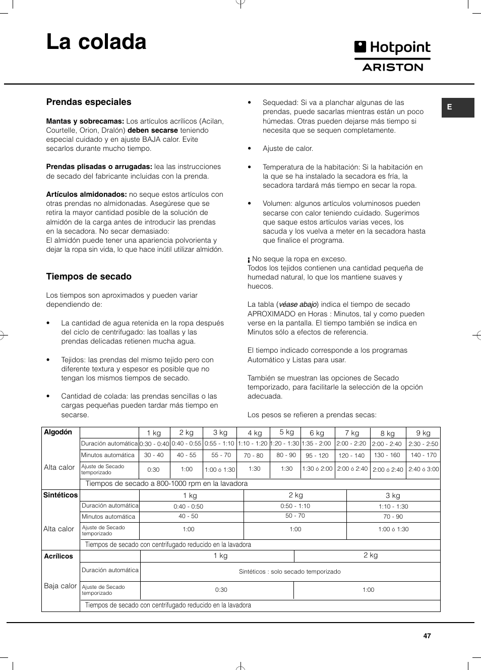 La colada, Prendas especiales, Tiempos de secado | Hotpoint Ariston TCD 93B 6H-Z1 (EU) User Manual | Page 47 / 88