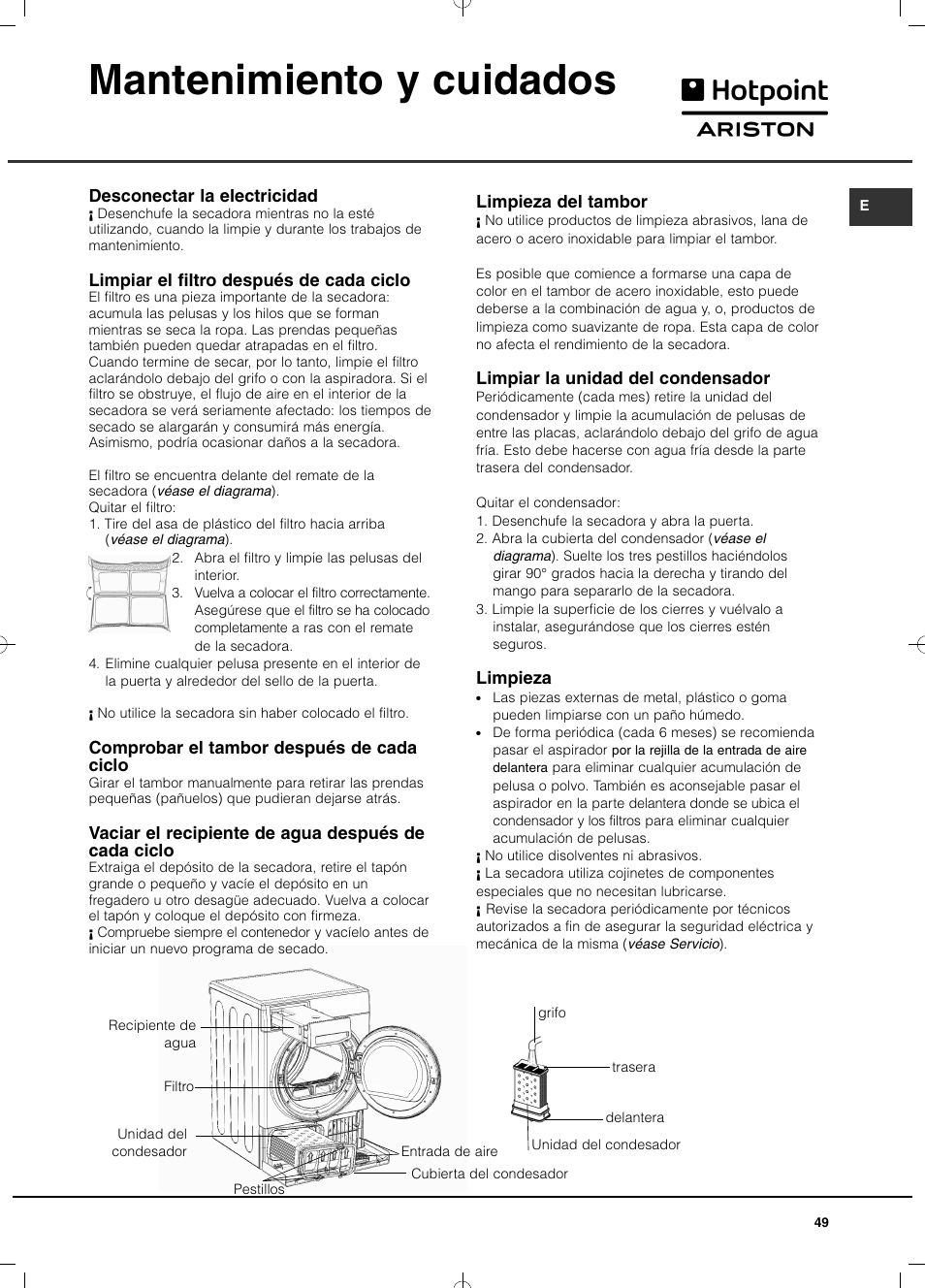 Mantenimiento y cuidados | Hotpoint Ariston TCD 93B 6H-Z1 (EU) User Manual | Page 49 / 88