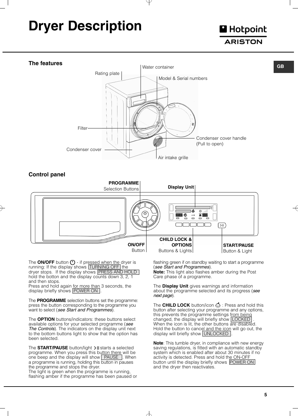 Dryer description | Hotpoint Ariston TCD 93B 6H-Z1 (EU) User Manual | Page 5 / 88