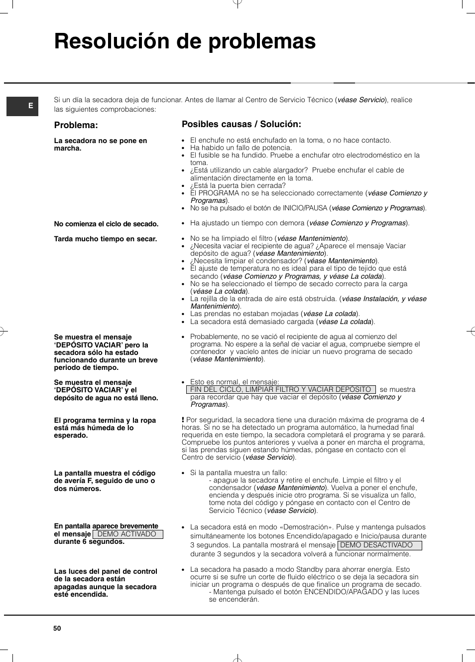 Resolución de problemas, Posibles causas / solución, Problema | Hotpoint Ariston TCD 93B 6H-Z1 (EU) User Manual | Page 50 / 88