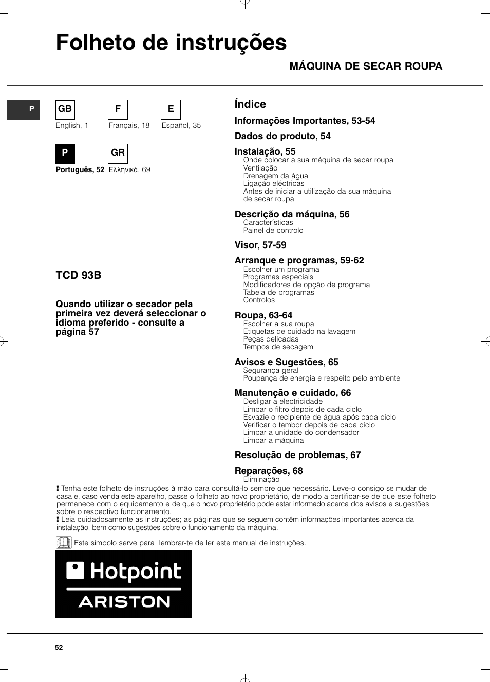 Folheto de instruções, Índice máquina de secar roupa tcd 93b | Hotpoint Ariston TCD 93B 6H-Z1 (EU) User Manual | Page 52 / 88