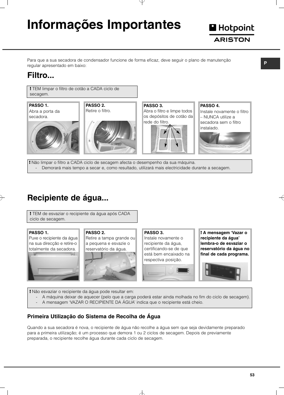 Informações importantes, Filtro, Recipiente de água | Hotpoint Ariston TCD 93B 6H-Z1 (EU) User Manual | Page 53 / 88