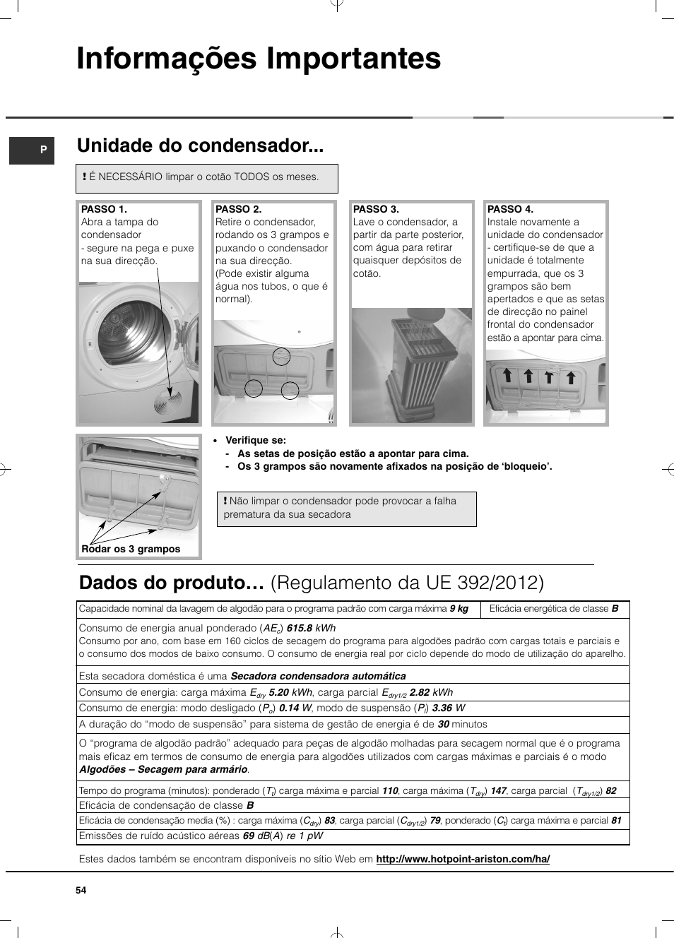 Informações importantes, Unidade do condensador | Hotpoint Ariston TCD 93B 6H-Z1 (EU) User Manual | Page 54 / 88